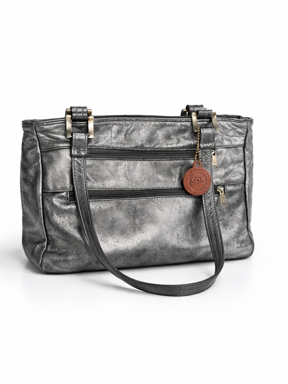 SAS Metallic Silver Shoulder Bag with Brown Charm